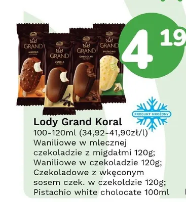 Lody Grand Koral Czekoladowe z wkręconym sosem czekoladowym w czekoladzie promocja w Limonka