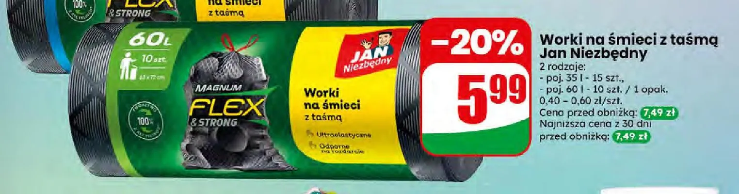 Worki na śmieci z taśmą Jan Niezbędny 60 l promocja w Dino