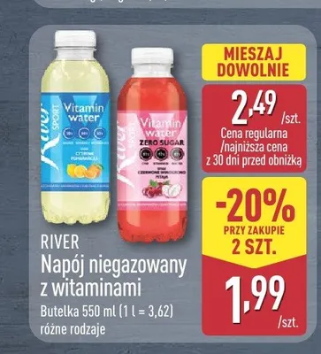 Napój niegazowany z witaminami River Vitamin water Zero Sugar promocja w Aldi