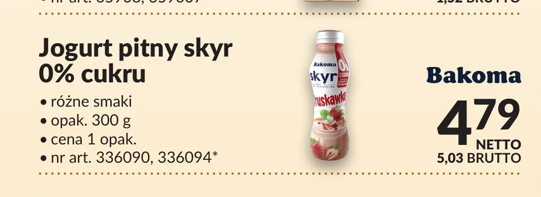 Jogurt pitny skyr 0% cukru Bakoma promocja w Makro