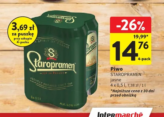 Piwo Staropramen 4-pak promocja w Intermarche