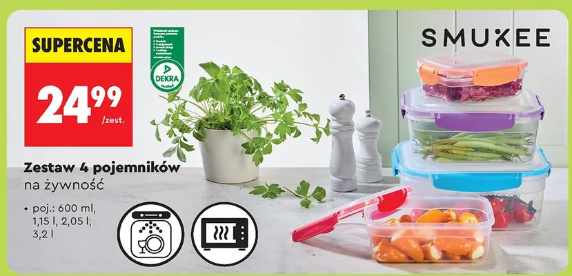 Zestaw 4 pojemników na żywność Smukee 600ml 1,15l 2,05l 3,2l promocja w Biedronka