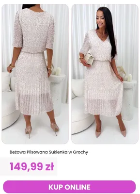 Sukienka plisowana w grochy beżowa ModnaKiecka.pl Modnakiecka. Pl promocja w Modna Kiecka