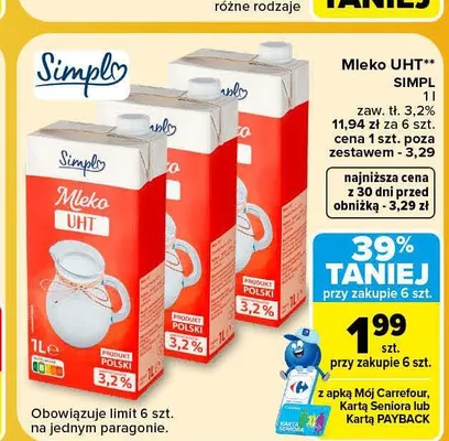 Mleko UHT Simply 3,2% promocja w Carrefour Market