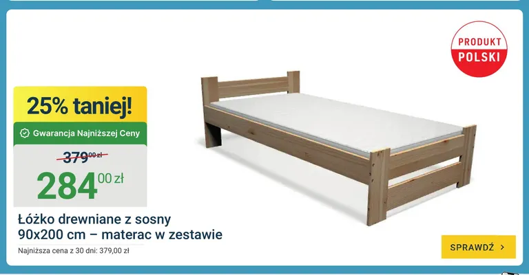 Łóżko drewniane z sosny 90x200cm - materac w zestawie promocja w ERLI