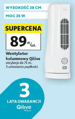 Wentylator kolumnowy Qilive oscylacja do 75 st. 3 ustawienia prędkości wysokość 38cm moc 35W promocja w Auchan