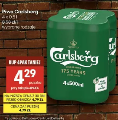 Piwo Carlsberg 4-pak 500 ml promocja w Delikatesy Centrum