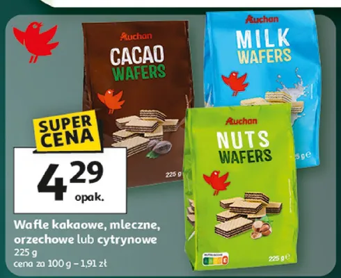 Wafle kakaowe, mleczne, orzechowe lub cytrynowe promocja w Auchan