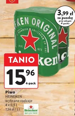 Piwo Heineken wybrane rodzaje 4-pak 500 ml promocja w Intermarche