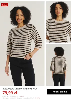 Beżowy sweter w kontrastowe paski Greenpoint promocja w Greenpoint