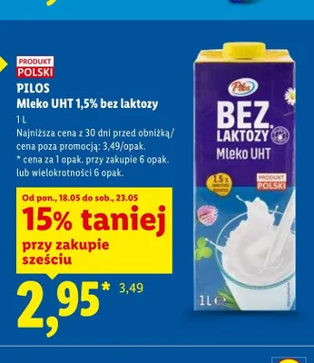 Mleko UHT 1,5% bez laktozy Pilos promocja w Lidl