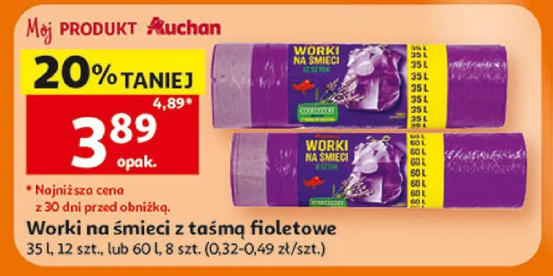 Worki na śmieci z taśmą fioletowe 60l promocja w Auchan