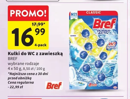 Kulki do WC z zawieszką Bref Power Aktiv Lemon 4-pak promocja w Intermarche