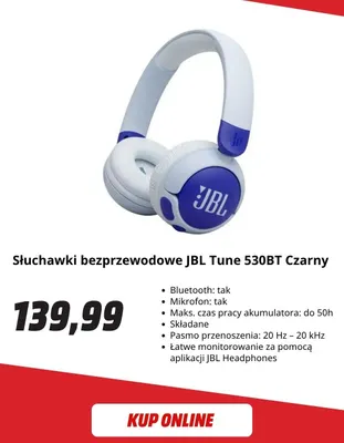 Słuchawki bezprzewodowe Jbl Tune 530BT czarny promocja w Media Markt