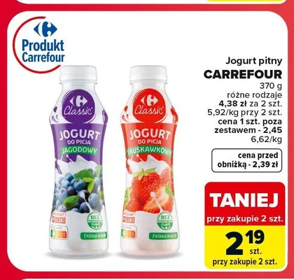 Jogurt pitny Carrefour truskawkowy promocja w Carrefour