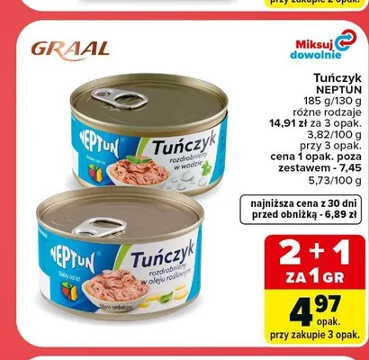 Tuńczyk rozdrobniony w wodzie Neptun promocja w Carrefour Market