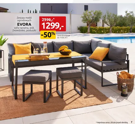 Zestaw mebli ogrodowych EVORA sofa narożna, stół, 2xsiedzisko, poduszki promocja w Black Red White