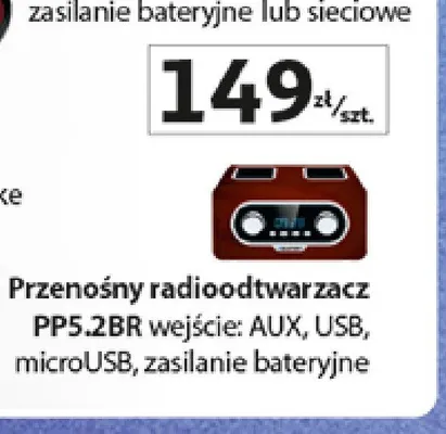 Przenośny radioodtwarzacz Blaupunkt PP5,2BR wejście: AUX, USB, microUSB, zasilanie bateryjne promocja w Auchan
