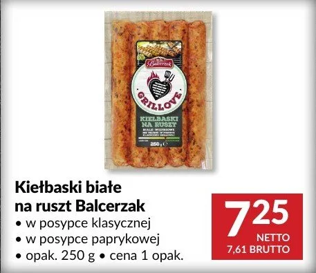 Kiełbaski białe na ruszt Balcerzak w posypce klasycznej/paprykowej promocja w Makro