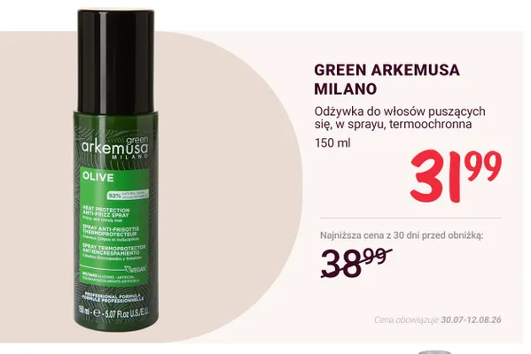 Odżywka do włosów puszących się w sprayu termoochronna Green Arkemusa Milano Olive promocja w Rossmann