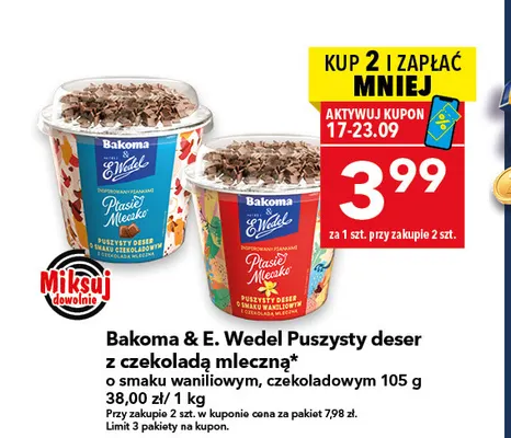 Puszysty deser z czekoladą mleczną o smaku czekoladowym Bakoma & E.Wedel promocja w LEWIATAN