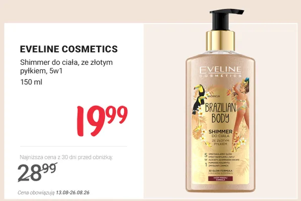 Shimmer do ciała Eveline Cosmetics Brazilian Body ze złotym pyłkiem 5w1 promocja w Rossmann