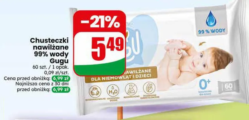 Chusteczki nawilżane 99% wody promocja w Dino