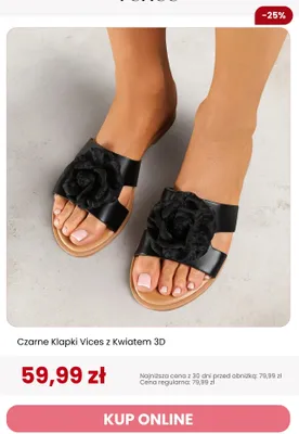 Klapki czarne Vices z kwiatem 3D promocja w Renee