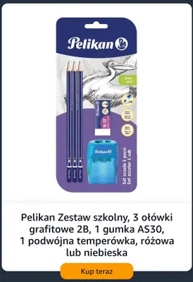 Zestaw szkolny Pelikan 3 ołówki grafitowe 2B 1 gumka AS30 1 podwójna temperówka promocja w Amazon