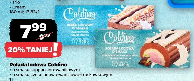 Rolada lodowa o smaku cappuccino-waniliwowym, o smaku czekoladowo-waniliwowo-truskawkowym promocja w Netto