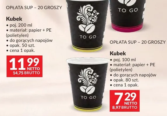 Kubek papierowy TO GO 200ml papier + PE (polietylen) do gorących napojów promocja w Makro