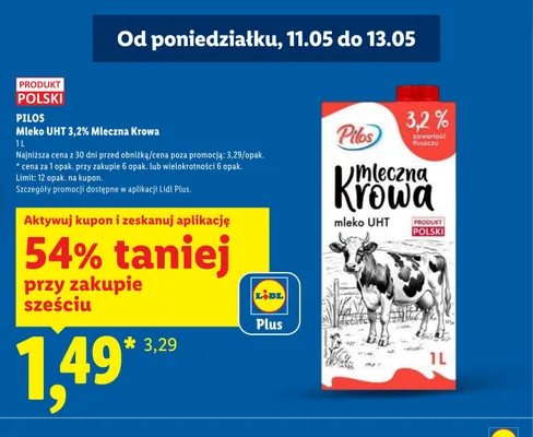 Mleko UHT 3,2% Mleczna Krowa Pilos promocja w Lidl