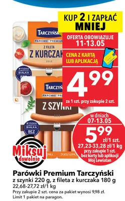 Parówki Premium Tarczyński z fileta z kurczaka promocja w LEWIATAN