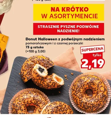 Donut Halloween z podwójnym nadzieniem pomarańczowym i z czarnej porzeczki promocja w Kaufland