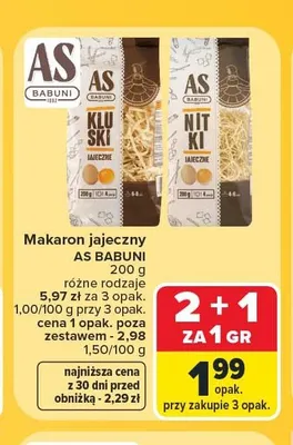 Makaron jajeczny Klu-ski As Babuni promocja w Carrefour