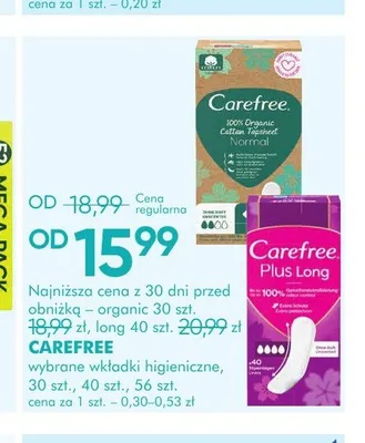 Wkładki higieniczne Carefree Plus Long promocja w Super-Pharm