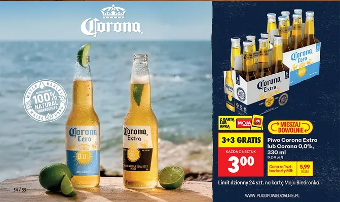 Piwo Corona Extra 3+3 GRATIS promocja w Biedronka