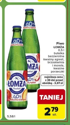 Piwo bezalkoholowe Łomża Radler brzoskwinia i morela promocja w Carrefour Express