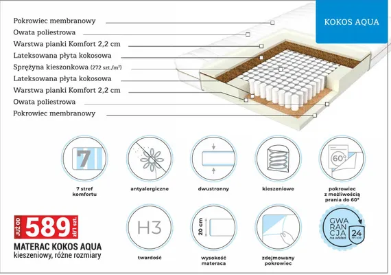 Materac Kokos Aqua kieszeniowy antyalergiczny promocja w Merkury Market
