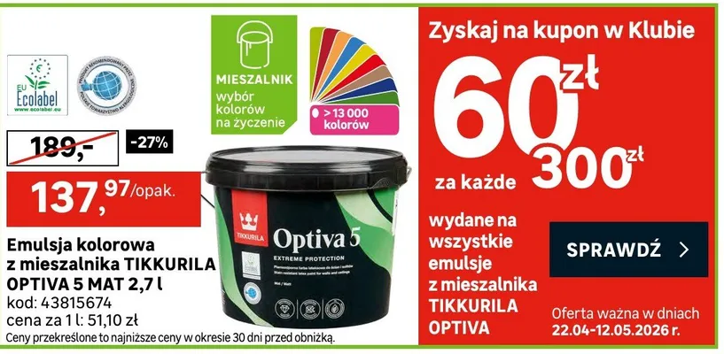Emulsja kolorowa z mieszalnika TIKKURILA OPTIVA 5 MAT 2,7l promocja w Leroy Merlin