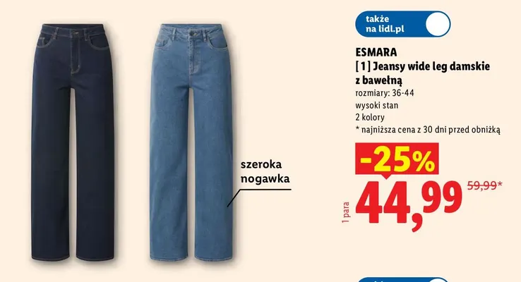 Jeansy wide leg damskie z bawełną Esmara promocja w Lidl