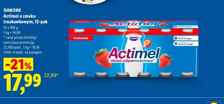 Napój jogurtowy Actimel o smaku truskawkowym Danone 12-pak promocja w Lidl