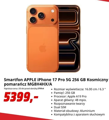 Smartfon APPLE iPhone 17 Pro 5 g 256GB Kosmiczny pomarańcz promocja w Media Markt