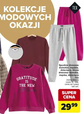 Spodnie dresowe damskie, męskie, dziecięce, bluza dresowa damska, męska, dziecięca Tex promocja w Carrefour