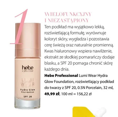 Podkład do twarzy rozświetlający Hebe Professional Lumi Wear Hydra Glow Foundation SPF 20 promocja w Hebe