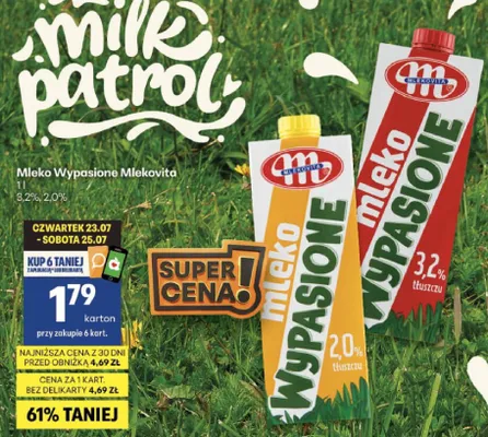 Mleko UHT Wypasione Mlekovita 3,2% promocja w Delikatesy Centrum