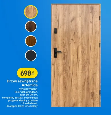 Drzwi zewnętrzne Artemida dąb grandson, kompletny zestaw z ościeżnicą progiem, klamką, szyldem i 2 wkładkami promocja w Castorama