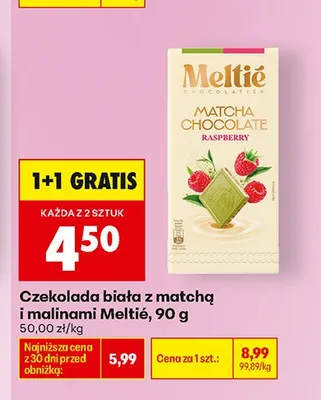 Czekolada biała z matchą i malinami Meltie promocja w Biedronka