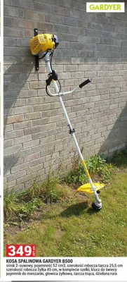 Kosa spalinowa GARDYER B500 silnik 2-suwowy pojemność 52 cm3 szerokość robocza tarcza 25,5cm szerokość robocza żyłka 45cm w komplecie szelki klucz do świecy pojemnik do mieszanki głowica żyłkowa tarcza tnąca dzielona rura promocja w Merkury Market