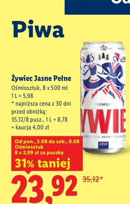 Piwo Żywiec Jasne Pełne 8-pak promocja w Lidl